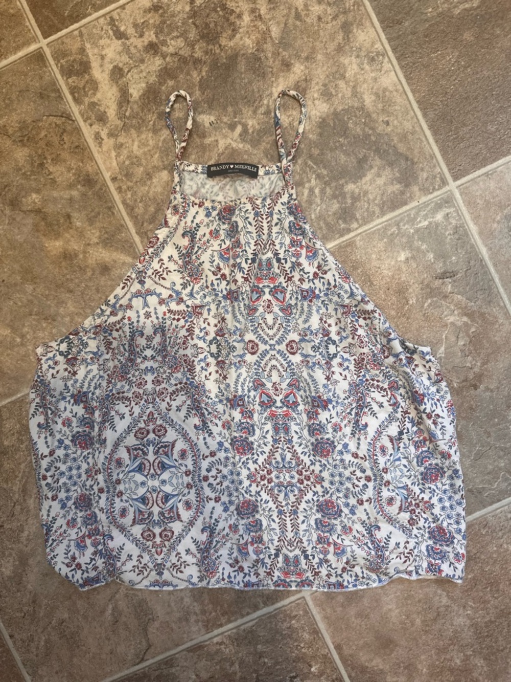 Brandy Melville White Paisley High-Neck Cami with Blue & Red Print